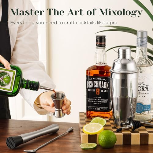 HomeCurated 24-Piece Cocktail Shaker Set with Stand & Accessories — Professional Bartender Kit for Home Bar, Silver