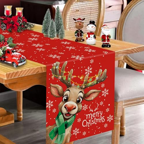 Red 13x90 Inch Merry Christmas Table Runner with Reindeer & Snowflake - QIONG MENG