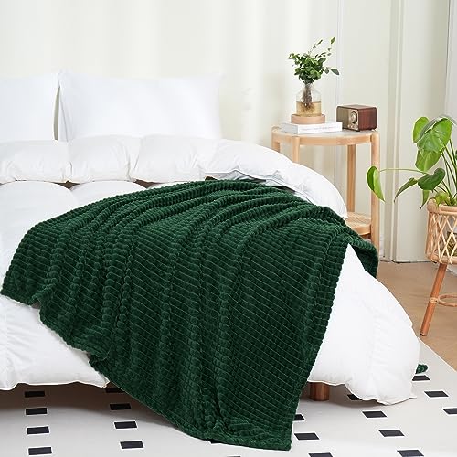 Dark Green Flannel Fleece Throw Blanket, 50"x60" Soft Square Grid Design