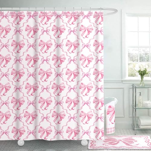 18-Piece Pink Bow Shower Curtain Set with Rug, Towels, and Decorative Hooks