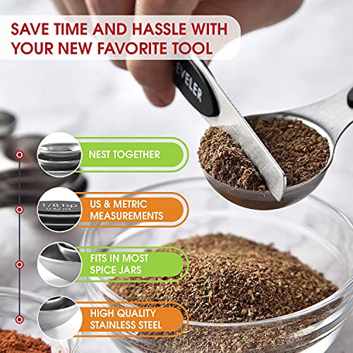 Magnetic Stainless Steel Measuring Spoons Set of 8 with Leveler - Black