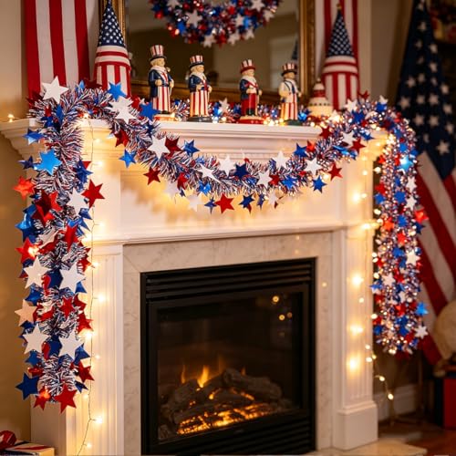 Patriotic Red White & Blue Star Tinsel Garland - 33 Ft 4th of July Decor
