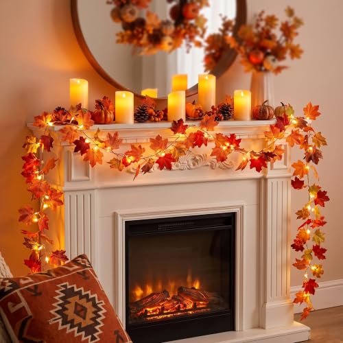2-Pack Lighted Fall Maple Leaf Garland - 20ft 60 LED Battery String Lights