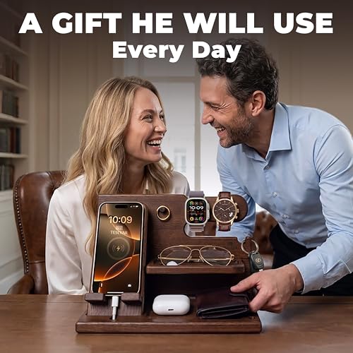 Wooden Phone Docking Station Bedside Organizer for Men Brown