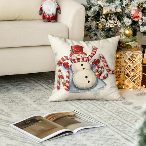 Red Christmas Snowman Candy Cane Throw Pillow Cover 18x18 Holiday Decor