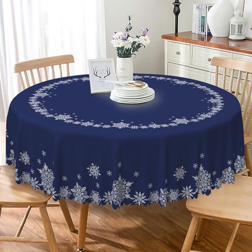 Christmas Round Tablecloth 54 Inch Navy Blue & White Snowflakes Reusable Fabric Cover