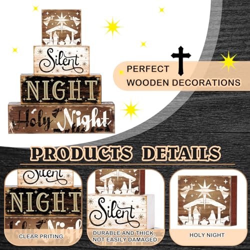4-Piece Nativity Christmas Wooden Block Signs for Tiered Tray Decor