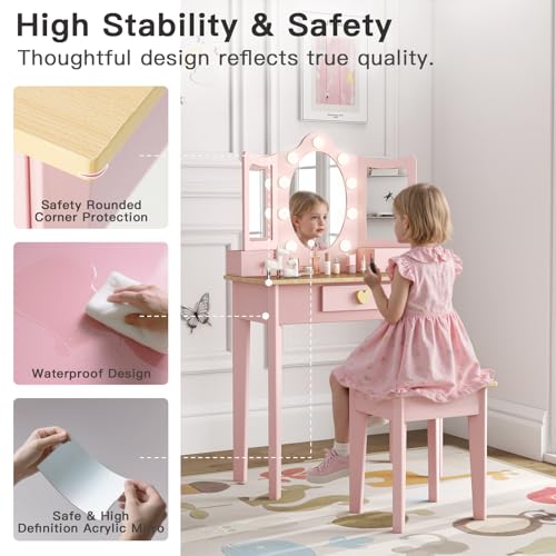 Kids Vanity Set with LED Mirror and Chair - Wooden Makeup Desk for Girls