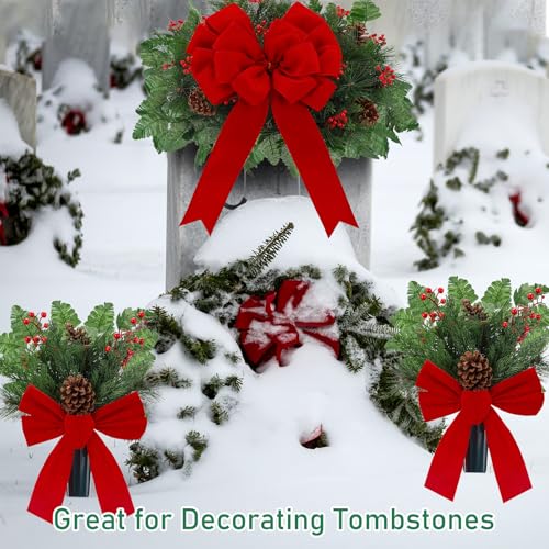 Daifunli 3-Pcs Christmas Cemetery Flowers with Red Bows Pine (Pine Variation)