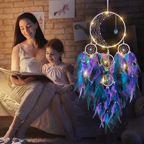 LED Moon Dream Catcher with Lights - Handmade Boho Bedroom Wall Decor