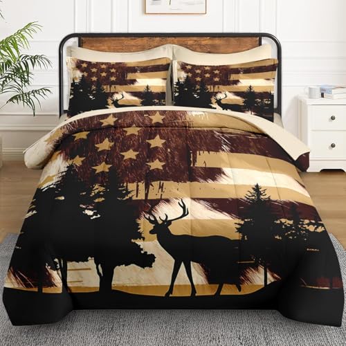 Queen Hunting Deer Comforter Set with Sheets - 7 Pieces American Flag Bedding