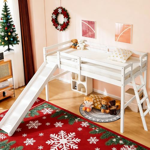 Twin Low Loft Bed with Slide for Kids, Sturdy Pinewood Frame with Guardrail