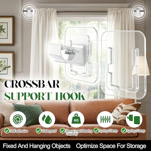 No-Drill Adhesive Curtain Rod Holders - 20lb Capacity, Detachable Hooks