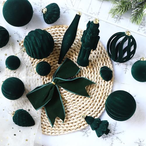 42Pcs Velvet Green Christmas Ball Ornaments Set, Flocked Shatterproof Xmas Ornaments