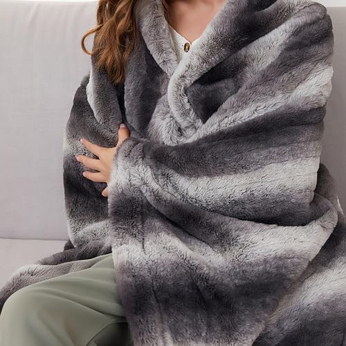 Electric Heated Throw Blanket 50"x60" - Grey White Striped Plush