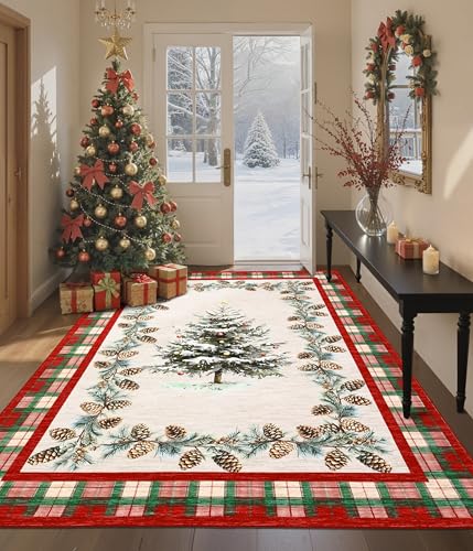 GarveeHome Red Christmas Rug 4x6 ft Washable Holiday Checkered Rug Non-Slip