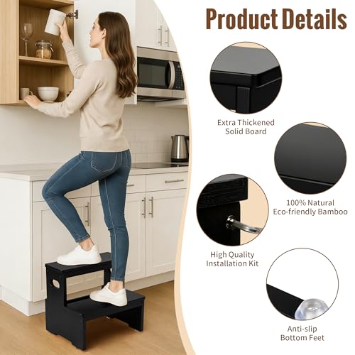 2-Step Bamboo Step Stool, Heavy Duty 450lb Capacity for Adults and Kids