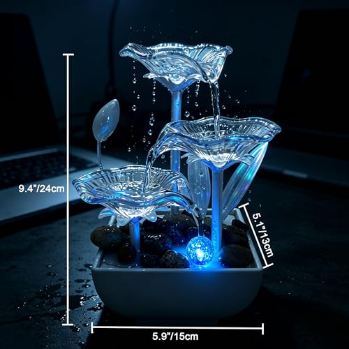 Tabletop Water Fountain - 3-Tier Indoor Waterfall with Color-Changing LED
