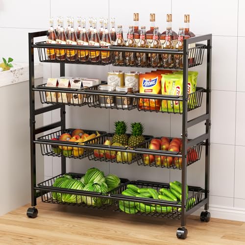 4-Tier Rolling Snack Cart with 10 Removable Baskets, Metal Pantry Organizer