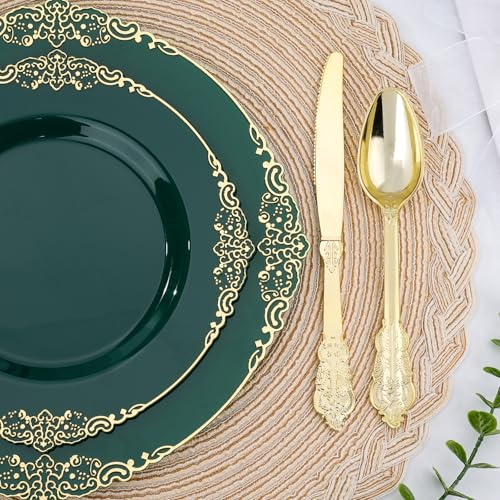 Realluck 350-Piece Green and Gold Disposable Dinnerware Set for 50 Guests - Elegant Tableware for Parties and Events
