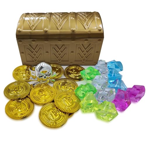 Vintage Pirate Treasure Chest Toy Box with Gold Coins and Gems