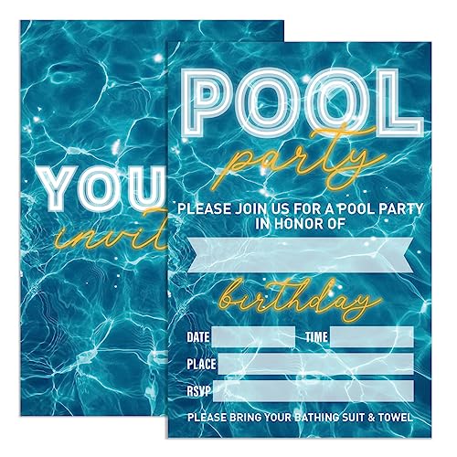 Pool Party Birthday Invitation Cards with Envelopes, 4x6 Inch Set of 20
