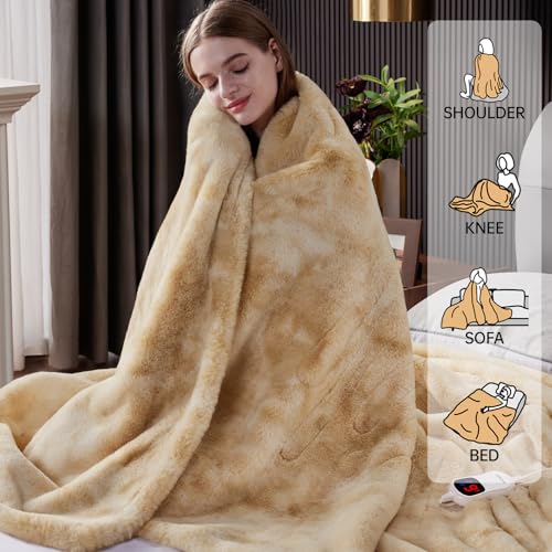 Electric Heated Blanket - Soft Faux Rabbit Fur Throw, 50"x60", 10 Heat Levels