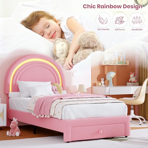 Twin Upholstered LED Rainbow Bed Frame with Storage Drawer, Pink