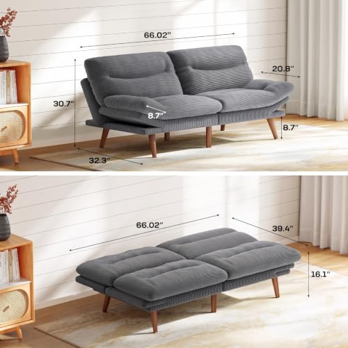 Convertible Corduroy Futon Sofa Bed, 66-Inch Adjustable Sleeper Loveseat