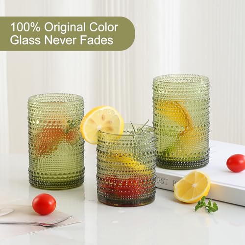 Vintage Hobnail Drinking Glasses Set, Embossed Green Glass Tumblers (8-Piece)