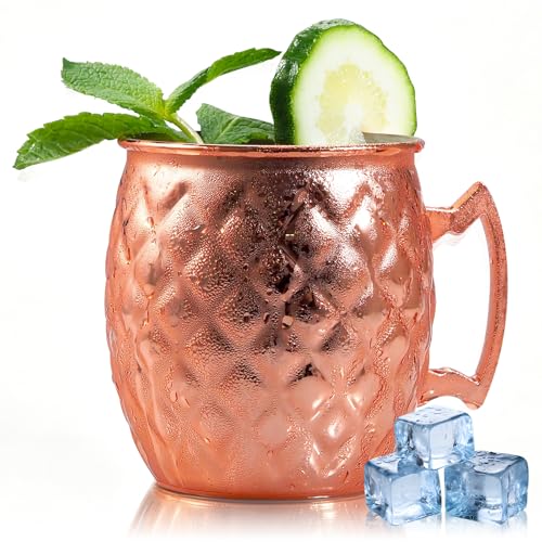 NaOHshp 19oz Copper Moscow Mule Mug with Rhombic Pattern, Stainless Steel Lining, Dishwasher Safe - Single Copper Cup