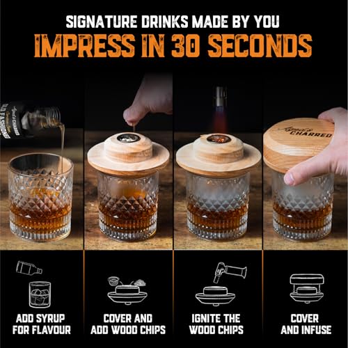 Aged & Charred Whiskey Smoker Kit Oak Wood with Butane & Syrup - Gift Set