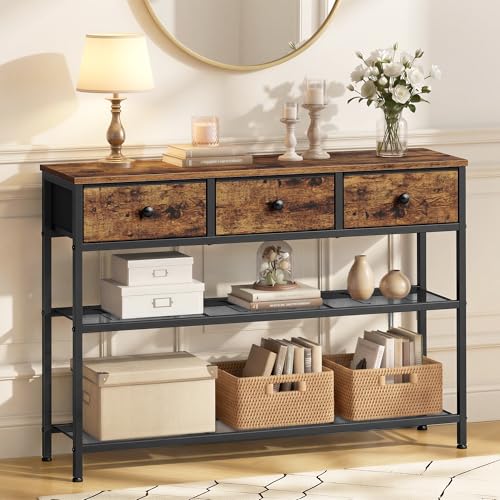 Rustic Narrow Console Table with 3 Fabric Drawers and 2 Mesh Shelves