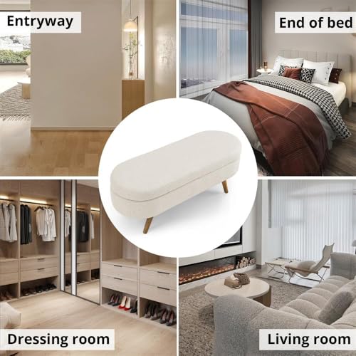 Align Living Beige Storage Ottoman Bench 43.5" with Safety Hinge - Modern Upholstered Footstool for Bedroom & Living Room