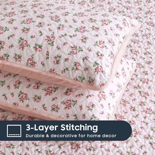 Wake In Cloud Pink Floral Quilt Set - Queen/Full Reversible Bedspread 3-Piece