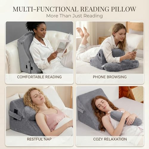 21-Inch Reading Pillow with Detachable Arms and Cup Holder - Gray
