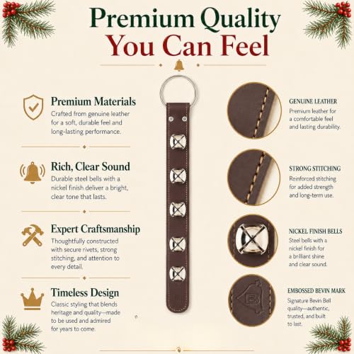 Bevin Bells Brown Nickel Genuine US-Sourced Leather Sleigh Bell Strap, 5 x 1.5in Brass Bells Door Hanger