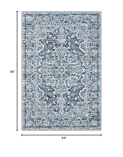 2x3 Blue Floral Area Rug - Washable Non-Slip Low Pile Entryway Carpet