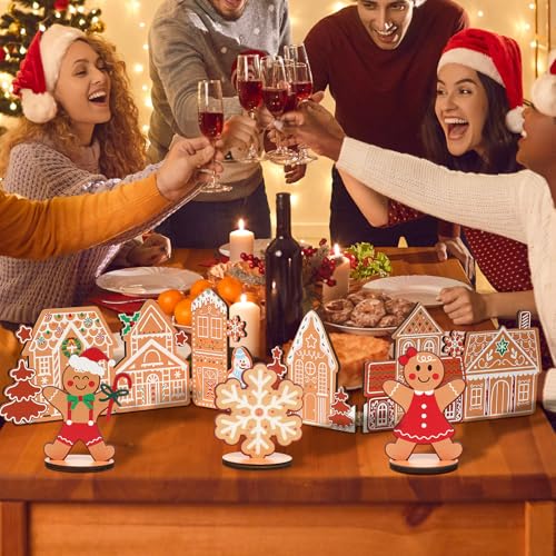 Threehoney 32 Inch Wooden Gingerbread House Christmas Village - Farmhouse Tabletop Decor with Man & Snowflake Signs