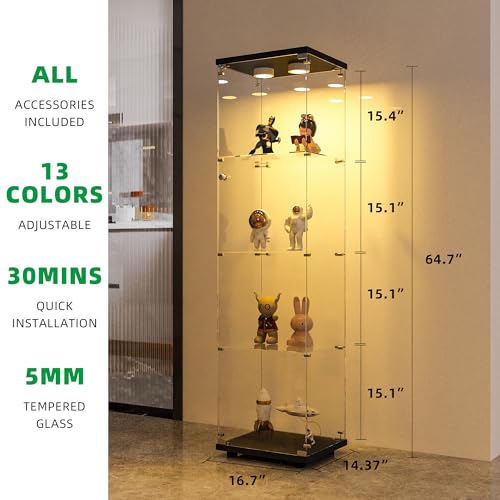 4-Tier Glass Display Cabinet with LED Lights and Tempered Glass Doors