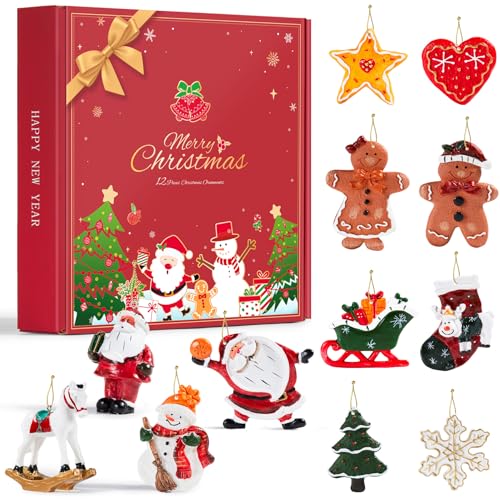 Sooez Large Christmas Ornaments Set - 12 Assorted Resin Holiday Decorations