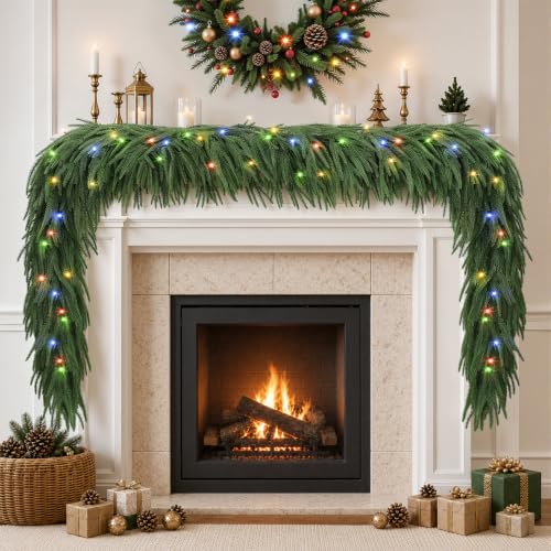 6FT Artificial Christmas Garland with Lights - Norfolk Pine, 2 Pack