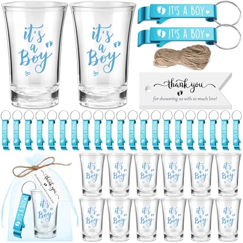 Baby Shower Favors Shot Glass & Keychain Gift Set - Blue, 50 Sets, Gender Reveal