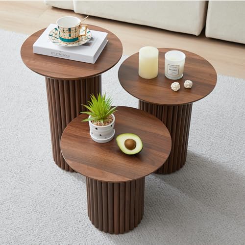 3-Piece Round Nesting Coffee Table Set, Mid-Century Modern Wood End Tables