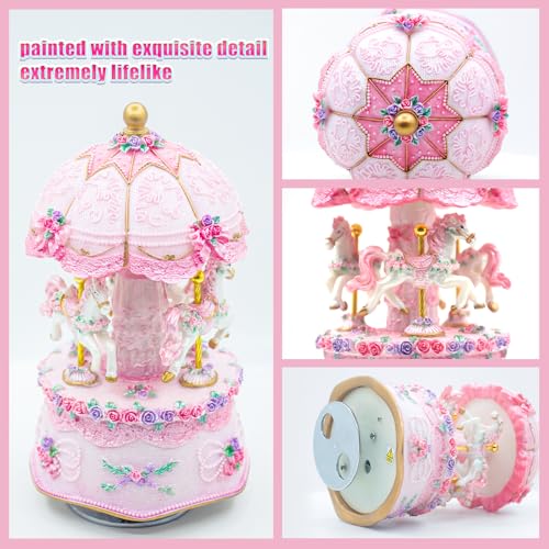 Rotating Carousel Music Box with LED Lights - 3-Horse Carnival Design