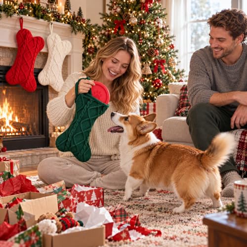 Bone-Shaped Dog Christmas Stocking 3-Pack with Cable Knit, Large 16.5 x 9.6 in