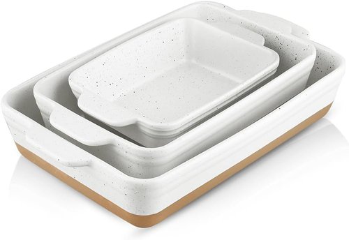 HVH Baking Dish Set - Large 9x13 Ceramic Casserole Dish | Deep Lasagne Pan - Farmhouse White, Set of 3