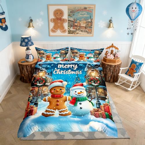 Manfei Gingerbread Man Duvet Cover Set Full Blue Brown, 80x90, 2 Pillowcases - Christmas Snowman Winter Theme