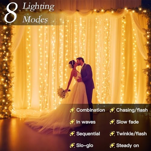 300 LED Warm White Curtain String Lights - 9.8x9.8FT, 8 Modes & Timer