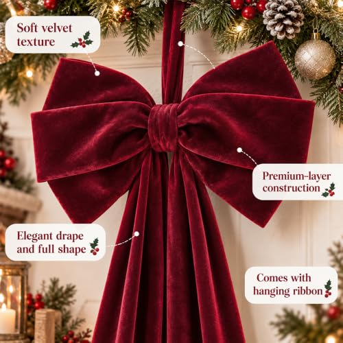 DULEFUN 28x79 in Burgundy Velvet Christmas Tree Topper Bow - 79in Burgundy-1